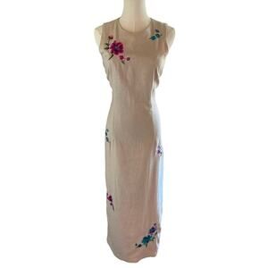 Vintage Beige Floral Embroidered Dress Maxi Sleeveless Size 12 Linen Elegant